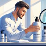 A man with thick hair in a bathroom holding a shampoo bottle with haircare products on the counter around him.
