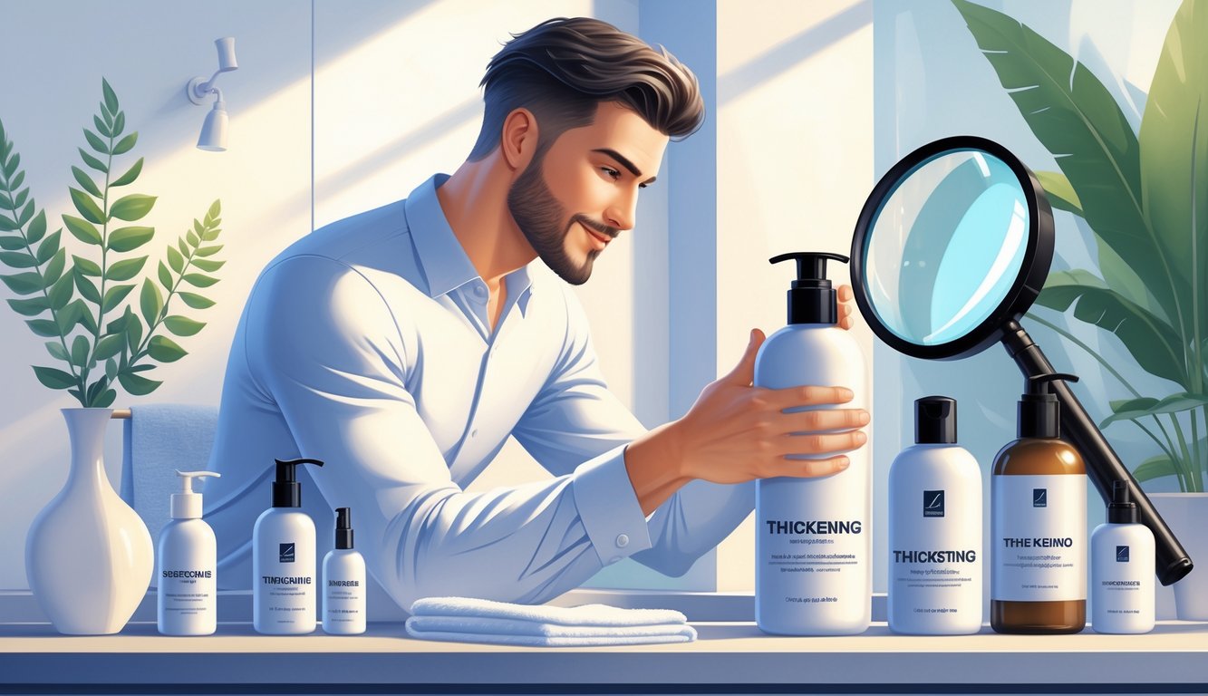 A man with thick hair in a bathroom holding a shampoo bottle with haircare products on the counter around him.