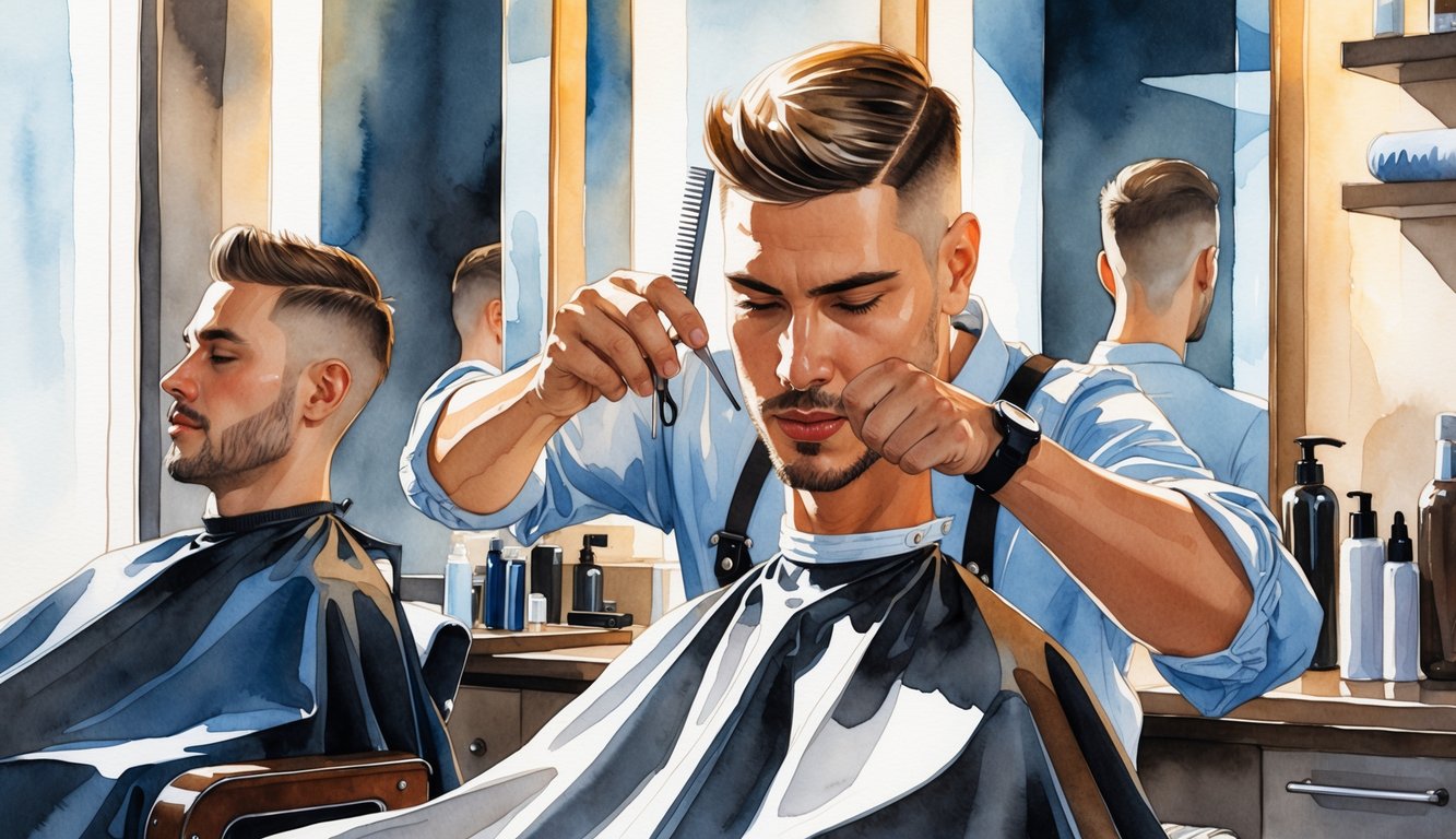 A barber styling a client's short hair in a barbershop with tools and mirrors visible in the background.