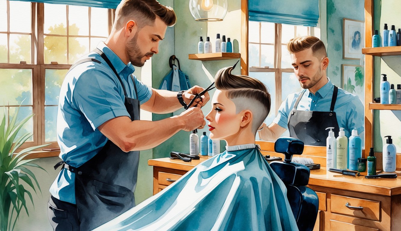 A barber carefully trimming a client's short hair in a cozy barber shop with hair tools and products visible on a counter.