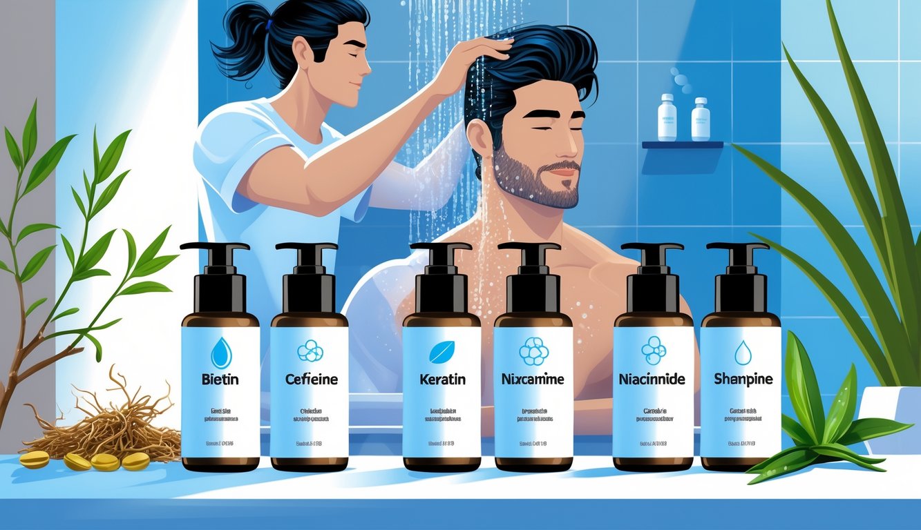 A man with thick hair applying shampoo in a shower, surrounded by shampoo bottles and natural ingredients like ginseng and aloe vera on a bathroom countertop.