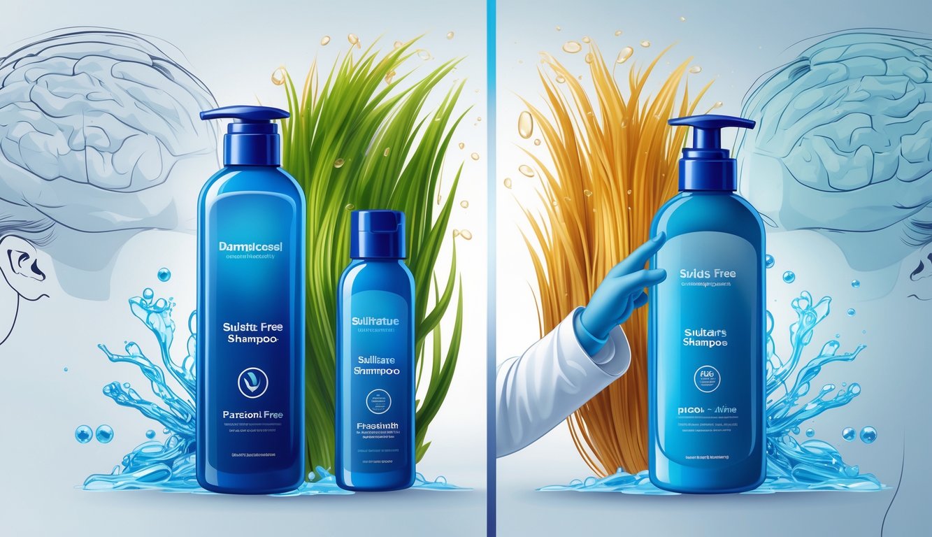 A male dermatologist points toward a bottle of sulfate-free shampoo next to thick, healthy hair, contrasted with traditional shampoo and thinner hair on the other side.