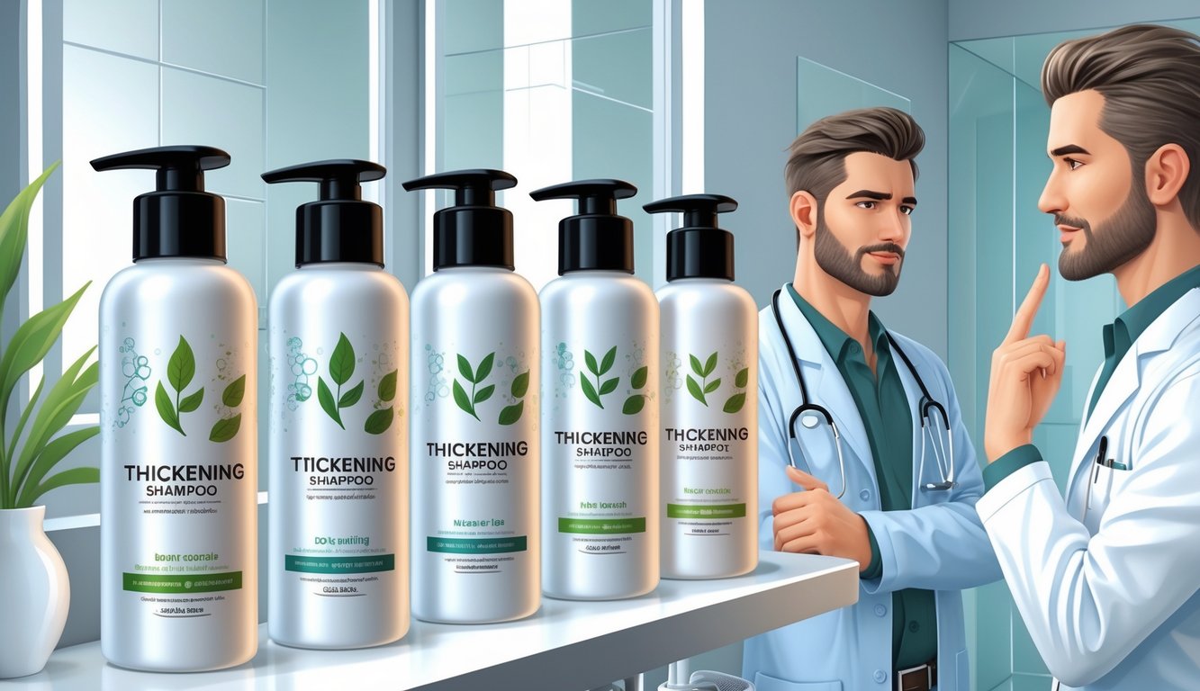 A male dermatologist advising a man with thinning hair in a modern clinic bathroom, with several men's thickening shampoo bottles displayed on a shelf nearby.