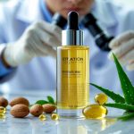 A glass bottle of women's hair serum on a white surface surrounded by natural ingredients with a dermatologist examining hair samples in the background.