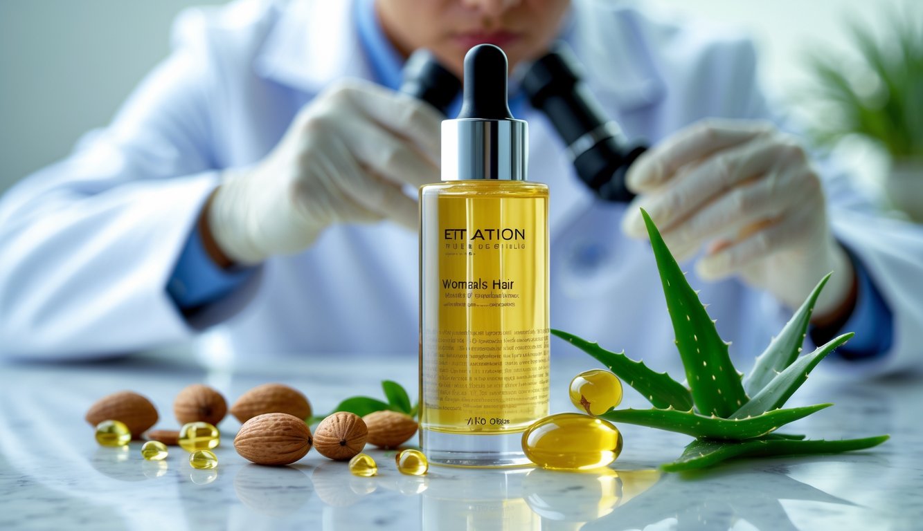A glass bottle of women's hair serum on a white surface surrounded by natural ingredients with a dermatologist examining hair samples in the background.