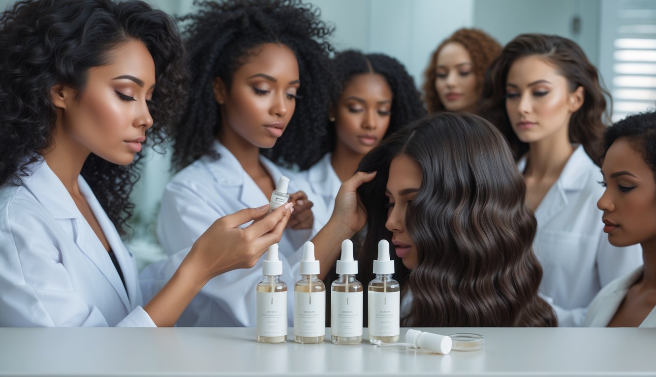 A group of women with different hair types in a modern bathroom, with a dermatologist examining hair and hair serum bottles on a countertop.