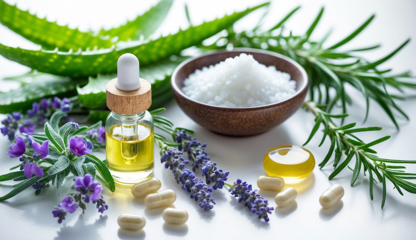 Close-up of natural ingredients like aloe vera, rosemary, lavender, coconut oil, and biotin capsules arranged on a white surface with a dropper bottle of clear serum.