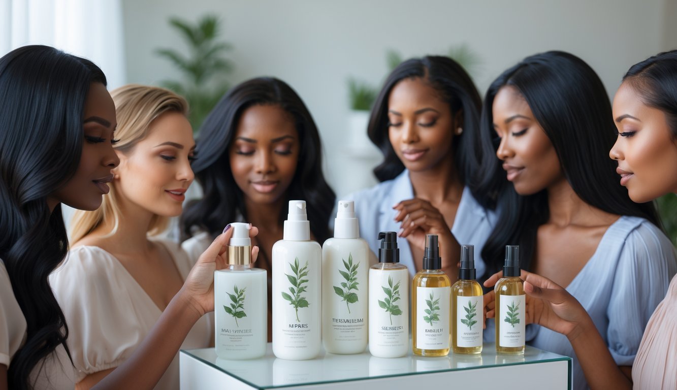 A group of women with healthy hair examining bottles of hair serum on a vanity table.