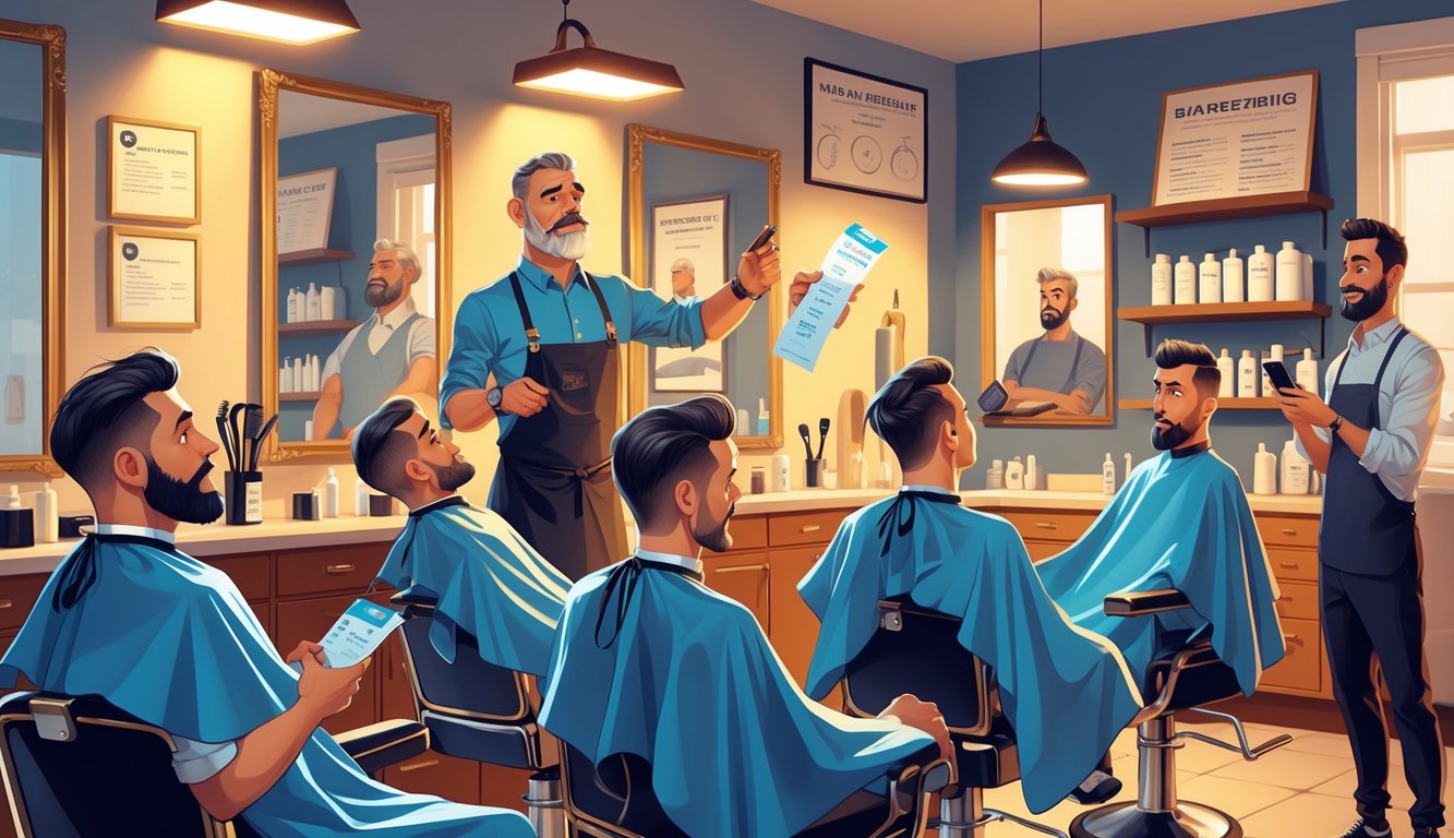 Men in a barbershop reacting with surprise as the barber explains why haircut prices have increased.