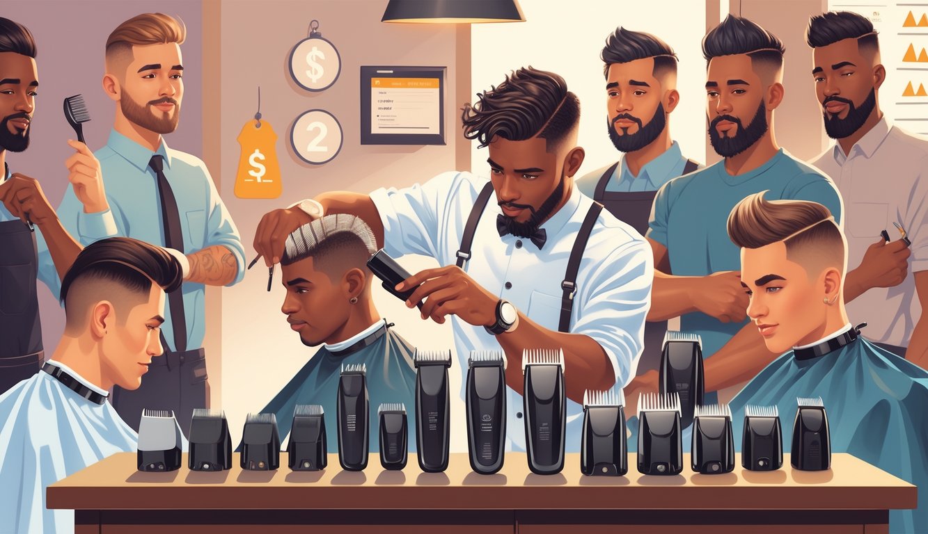 A barber adjusting clipper guards at a workstation with male customers getting haircuts, showing different guard sizes and subtle visual cues of rising haircut prices.