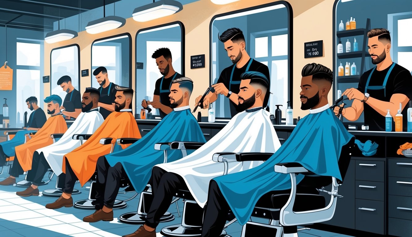 A barbershop interior with men getting haircuts from barbers at their stations.