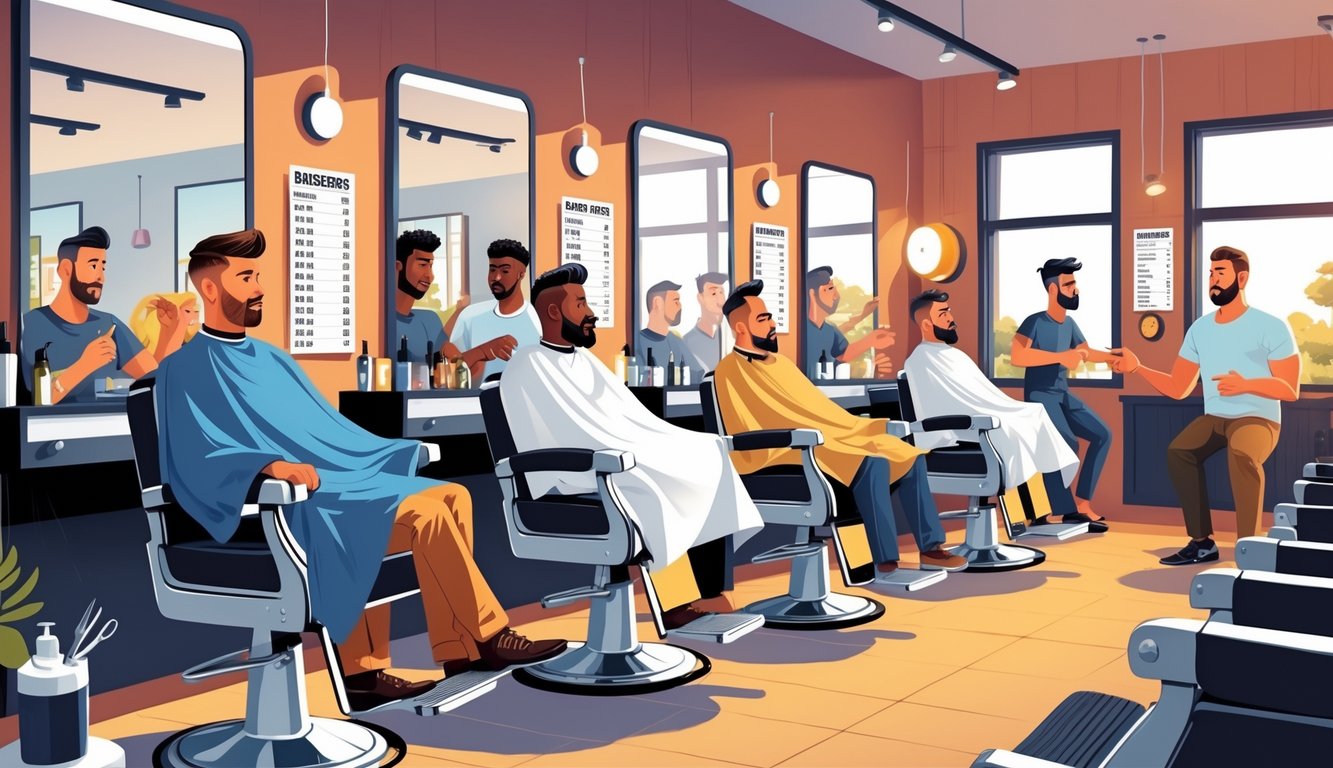 Men sitting in a barbershop getting haircuts while barbers talk to them, showing a busy and attentive atmosphere.
