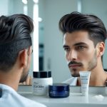 A man looking thoughtfully into a bathroom mirror with hair cream products on the counter.