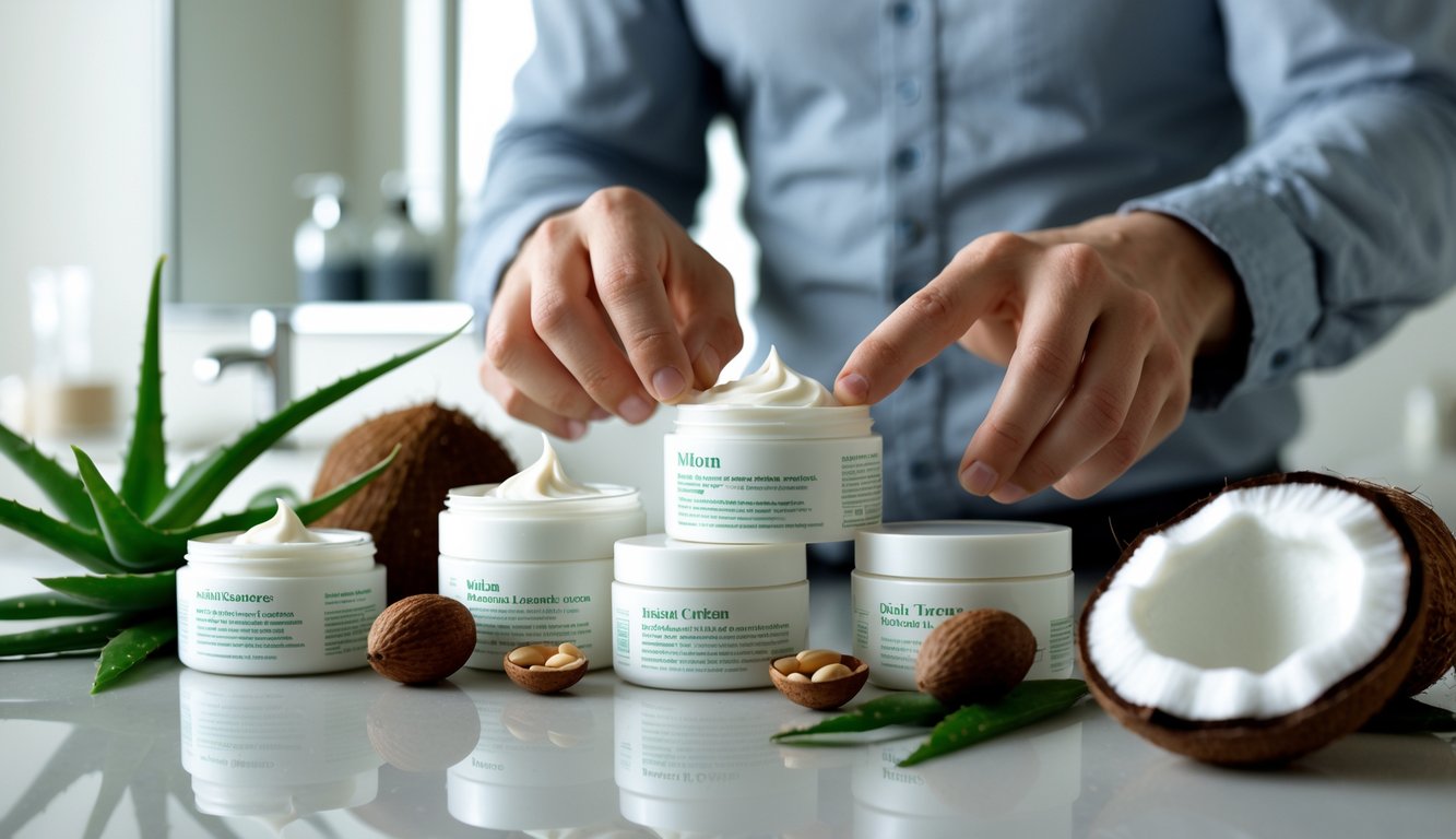 A man closely examining various hair cream containers and natural ingredients on a bathroom countertop.