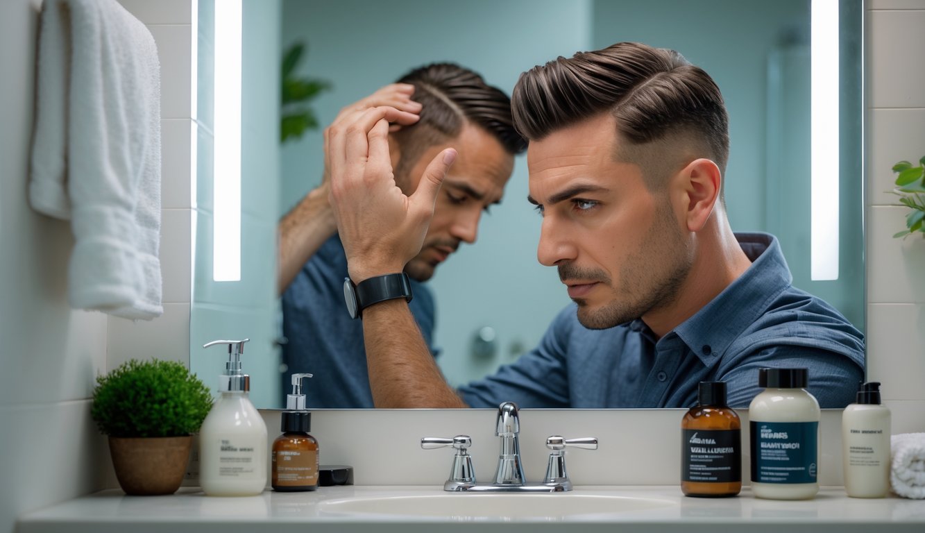 A man examining his scalp in a bathroom mirror with hair care products on the counter.
