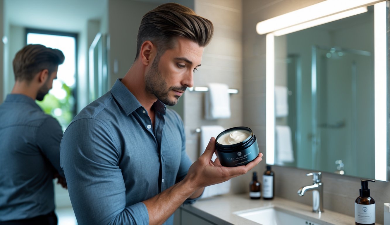 A man in a modern bathroom looking thoughtfully at a container of hair cream while standing near a vanity with grooming products.