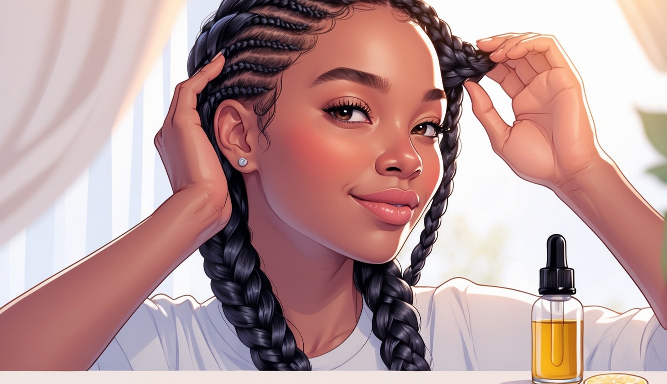 A close-up of a woman with smooth, frizz-free braided hair, gently touching her hair and smiling.
