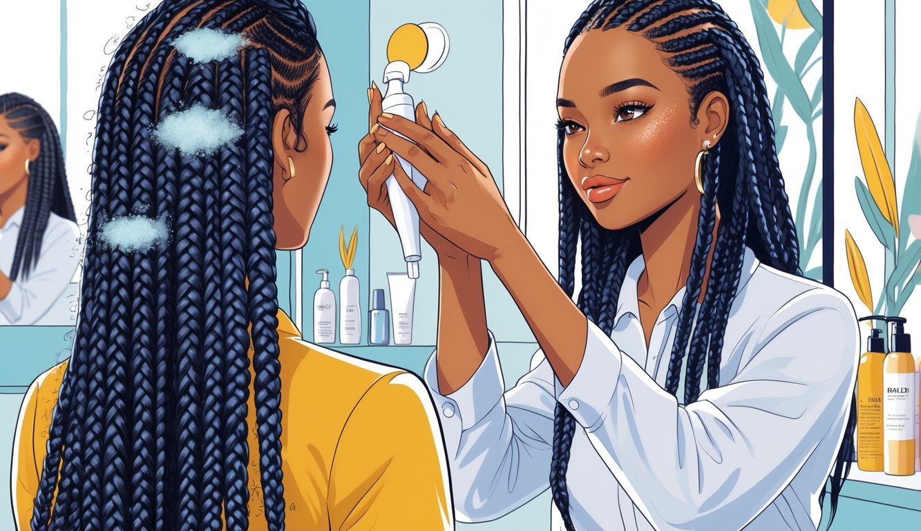 A woman with long braids having frizzy sections, while a hairstylist applies a smoothing treatment to her hair in a salon.