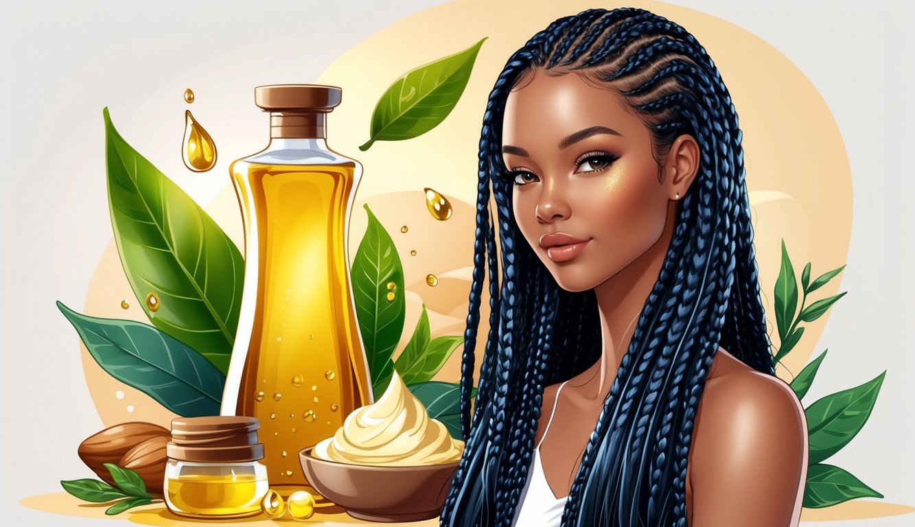 A woman with smooth, shiny braided hair surrounded by natural oils and botanical leaves, symbolizing hair nourishment and frizz control.