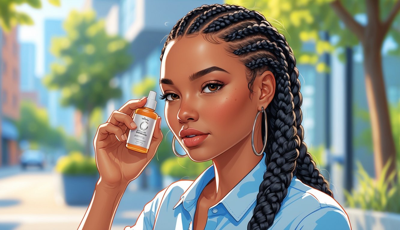 A woman outdoors smoothing frizzy strands in her braided hair using a small hair product bottle.