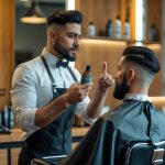 A male barber explaining men's shampoo to a male customer in a barbershop, holding a shampoo bottle while they talk.