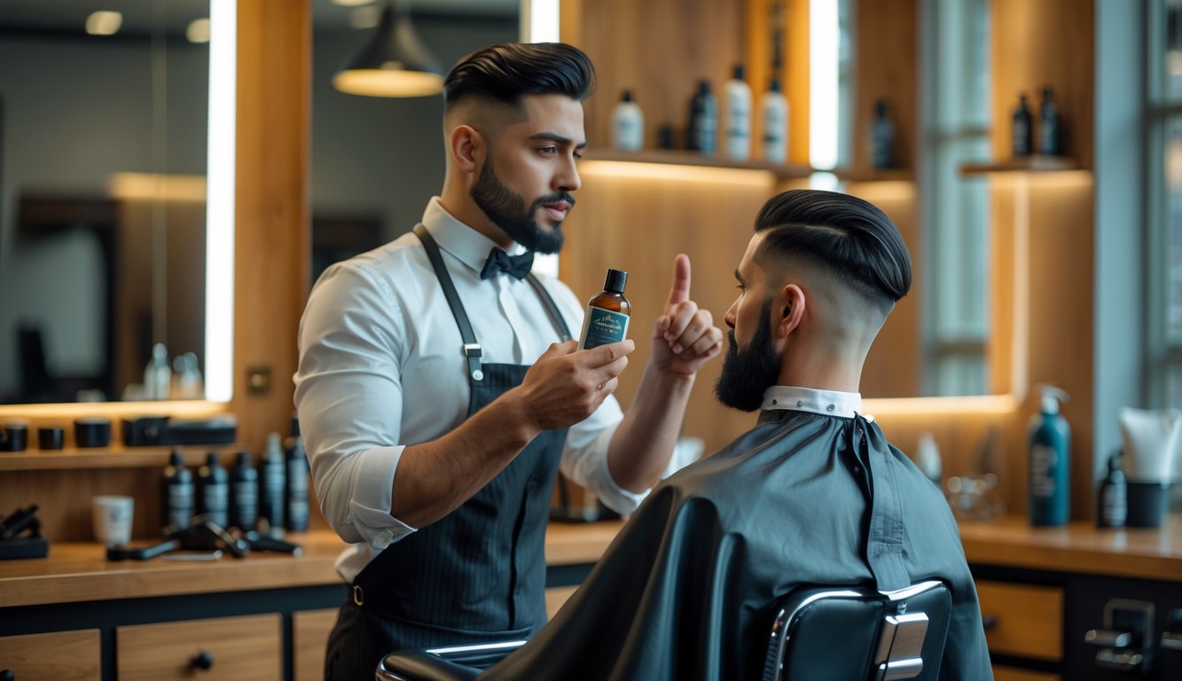 A male barber explaining men's shampoo to a male customer in a barbershop, holding a shampoo bottle while they talk.