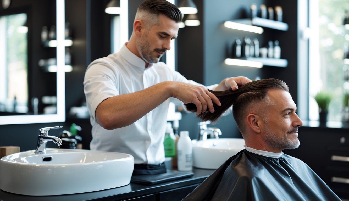 A barber shampooing a man's hair in a modern barbershop with hair care products visible in the background.