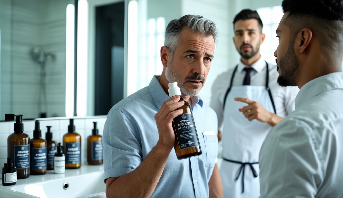 A man in a bathroom looks skeptically at a shampoo bottle while a barber explains something to him.