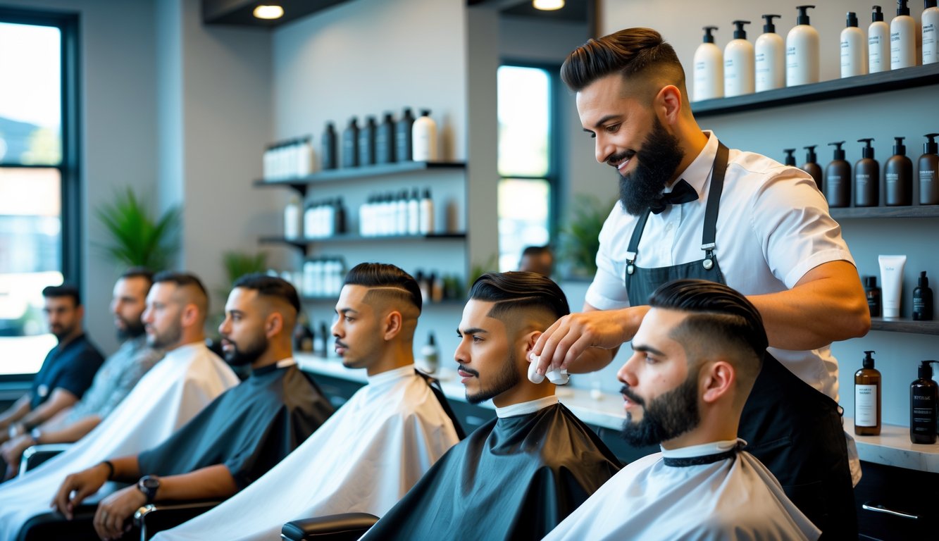 A barber washing a man's hair in a barbershop with other men waiting and grooming products visible on shelves.